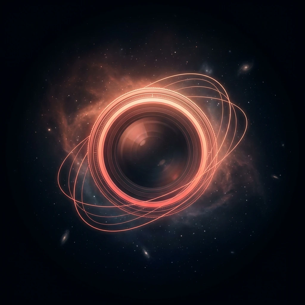 A glowing ringed lens gathering starlight