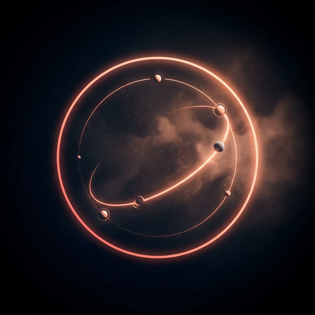 An orbital compass with planets aligning on a glowing orbit